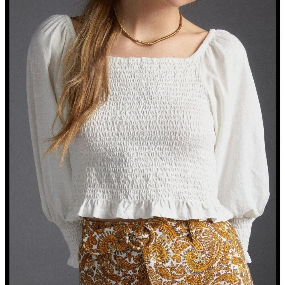 Anthropologie Pilcro Ginny Smocked Crop Top white SZ sm baloon sleeve peasant